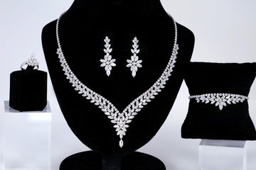 CZ Diamond Verdant Grace Jewelry Set, Long Bridal Earrings, Bracelet, Ring And Necklace, Statement Earrings Cz Necklace Set.